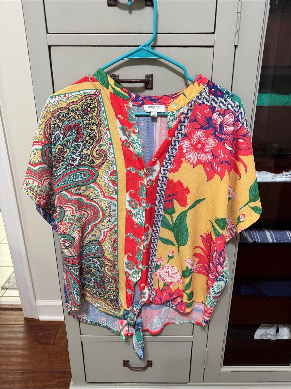 Umgee Multi-Pattern Yellow Floral Paisley Tie-Front Blouse